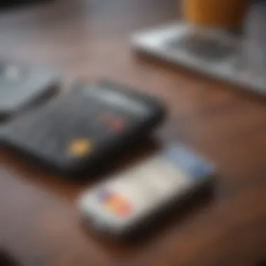 Close-up of a credit card and a phone on a desk