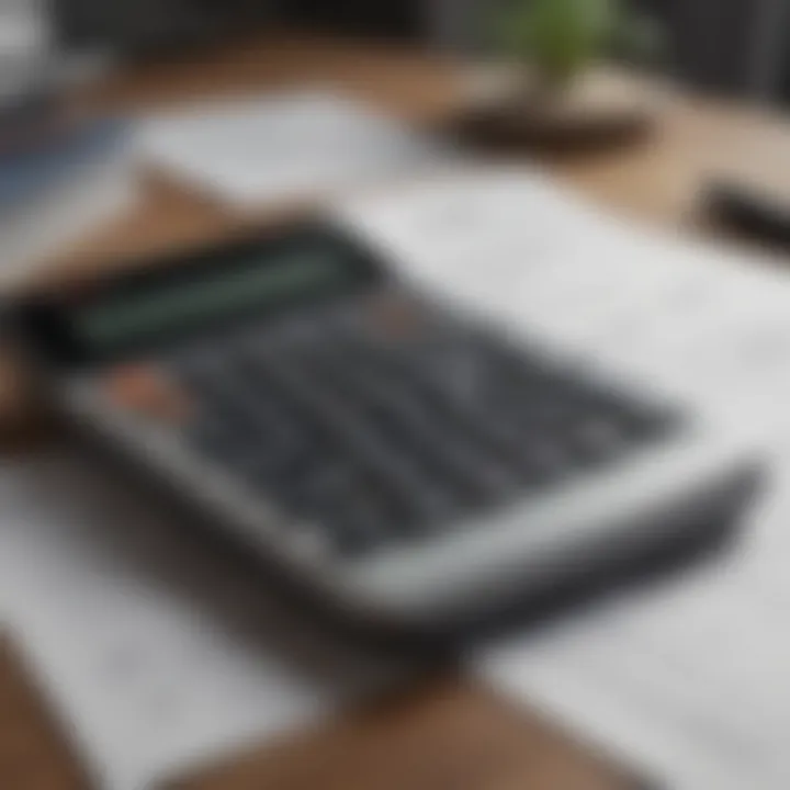 A close-up of a financial calculator and mortgage documents on a desk