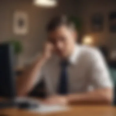 A distressed individual contemplating financial decisions at a desk.