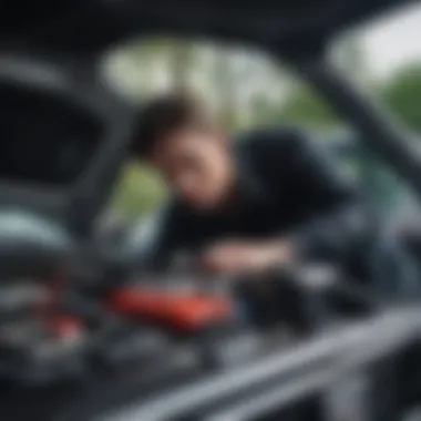 Examining under the hood of a car